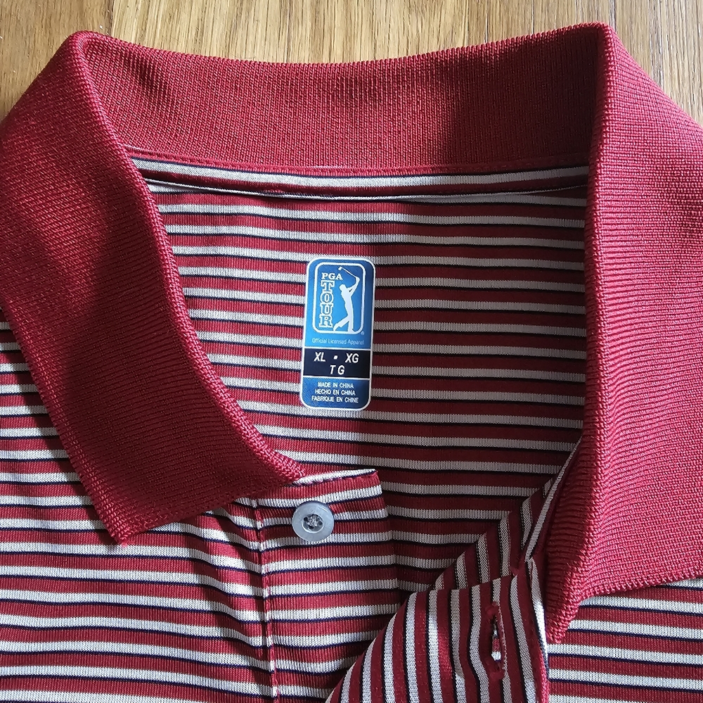 PGA Tour Golf Short Sleeve Polo Shirt, Men's Size X-LARGE Maroon Dark Red Stripe